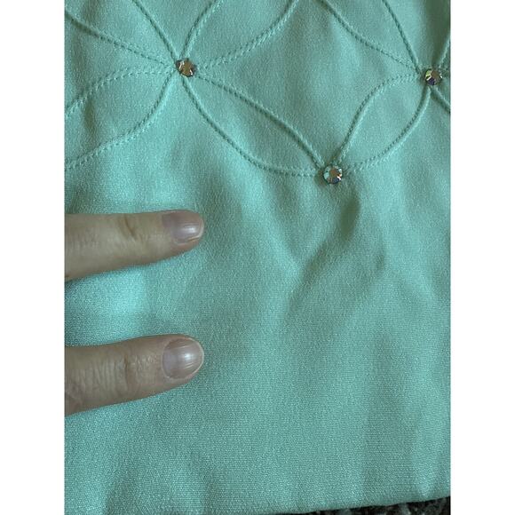Vintage 60s Carlye Long Sheath Rhinestone Square Mint Green Mini Dress Pockets - Picture 4 of 8